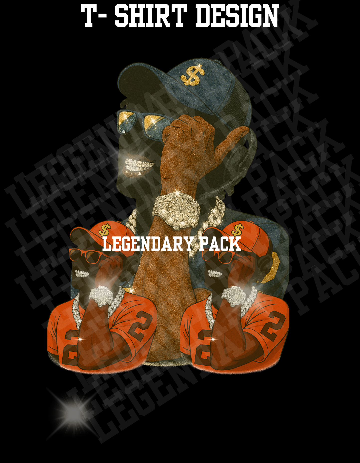 Streetwear graphic of two illustrated characters in orange number 2 jerseys, red caps with dollar sign, diamond chains, and watches – Legendary Pack design