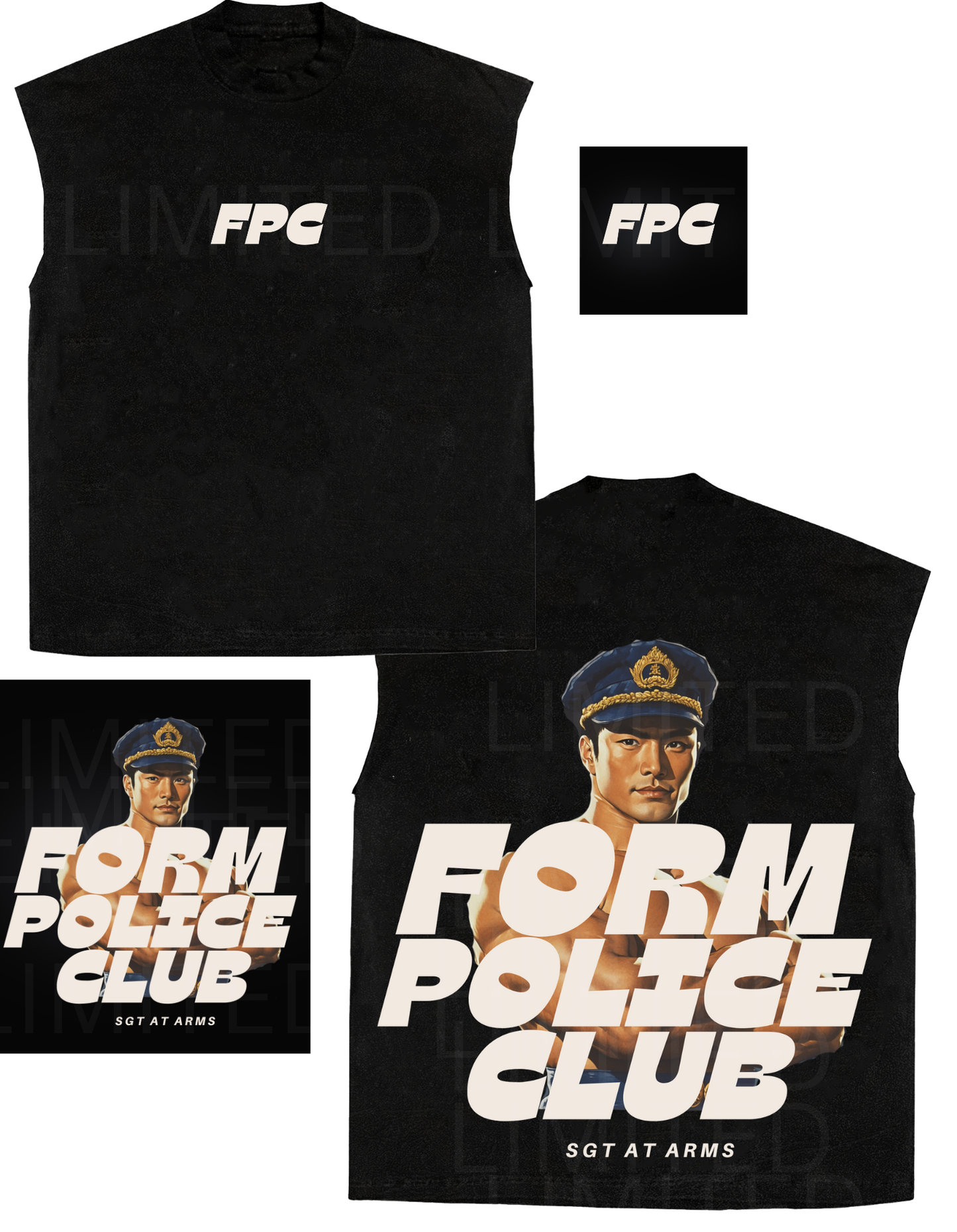 Black sleeveless T-shirt with FPC chest logo and illustrated officer graphic on back with text Form Police Club Sgt at Arms