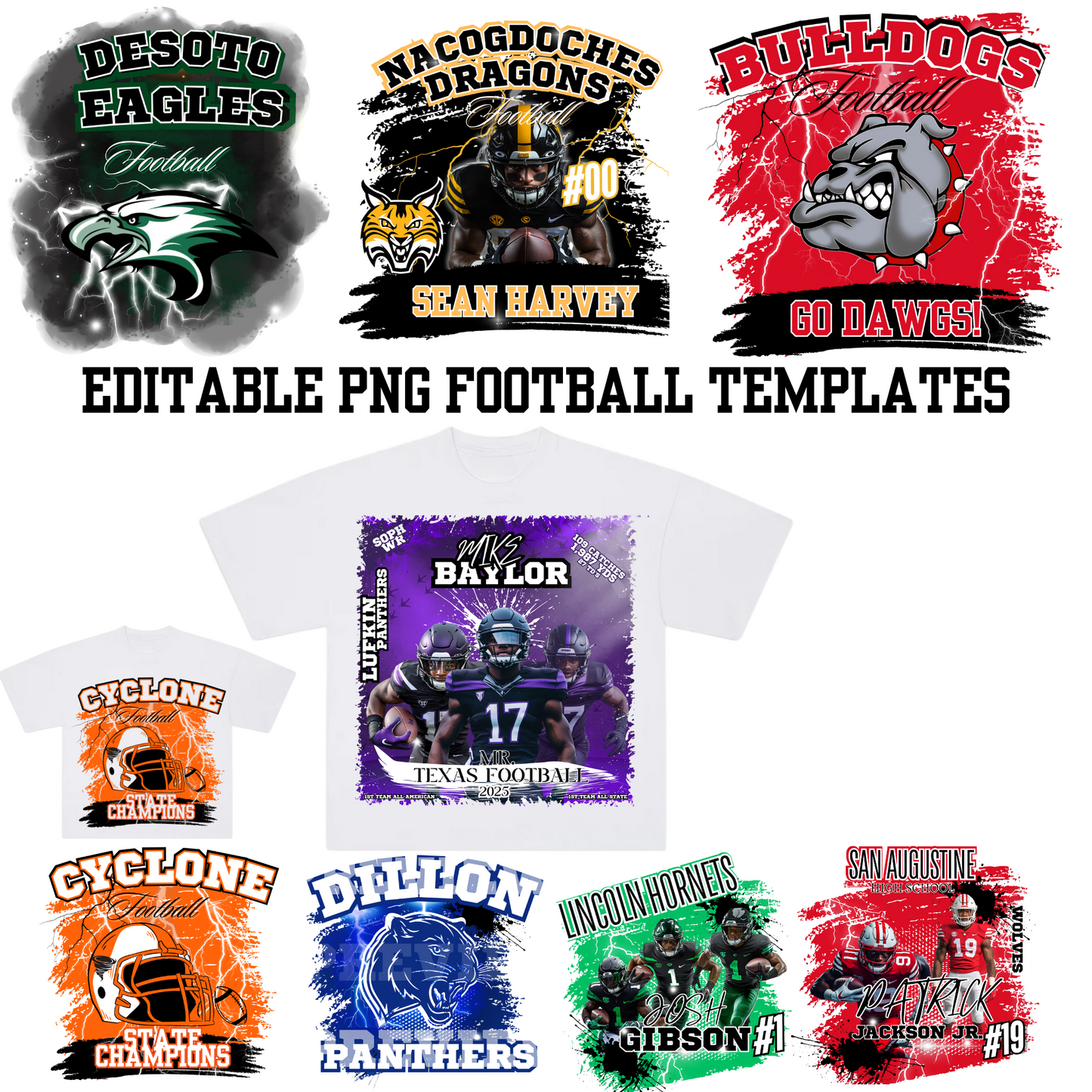 Editable PNG football T-shirt design templates – customizable team graphics for sports apparel and merch