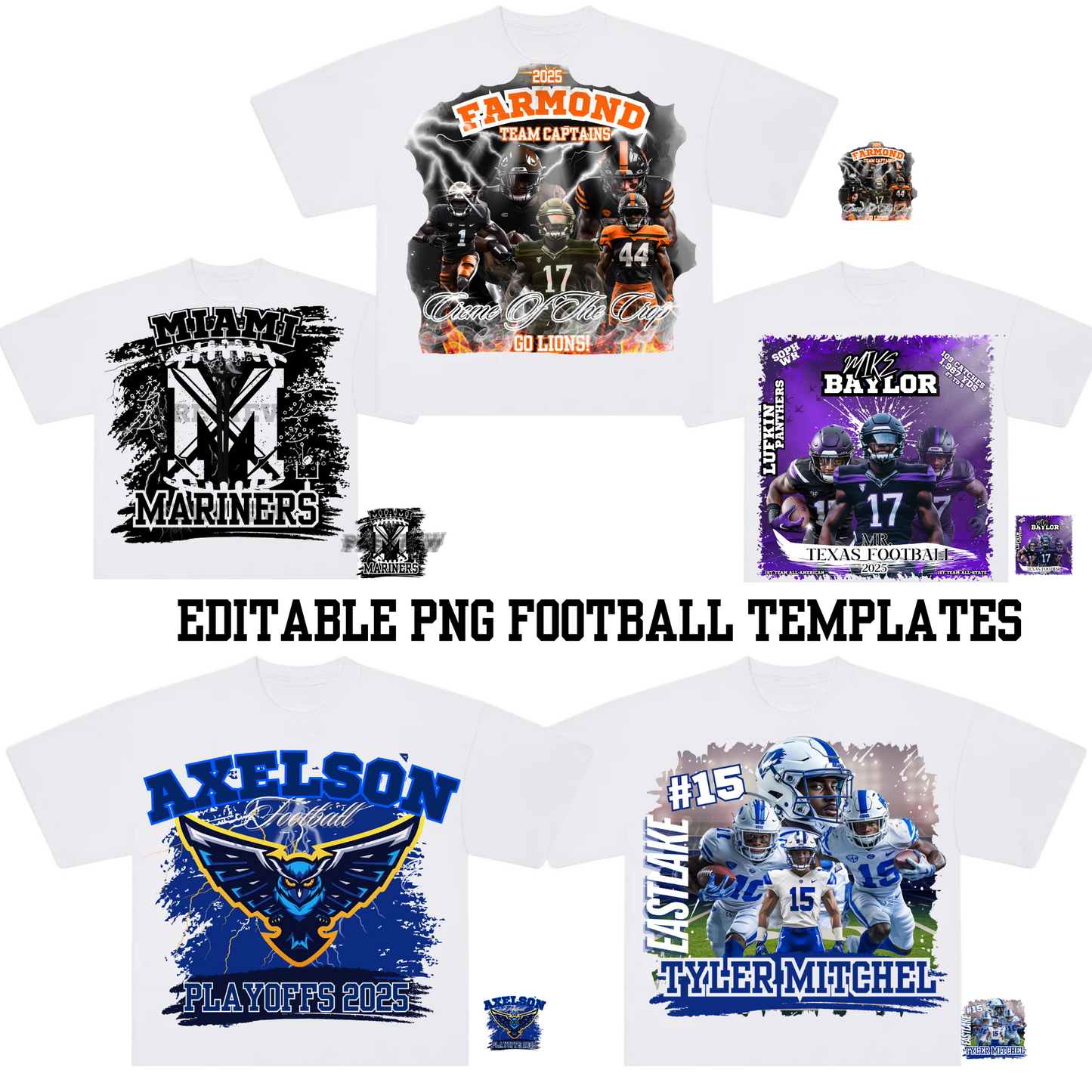 Football shirt template bundle with editable team logos, mascots, and player names for custom apparel