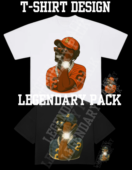 Streetwear T-shirt design featuring illustrated character in navy cap with dollar sign, diamond watch, iced-out chain, and sunglasses – Legendary Pack graphic