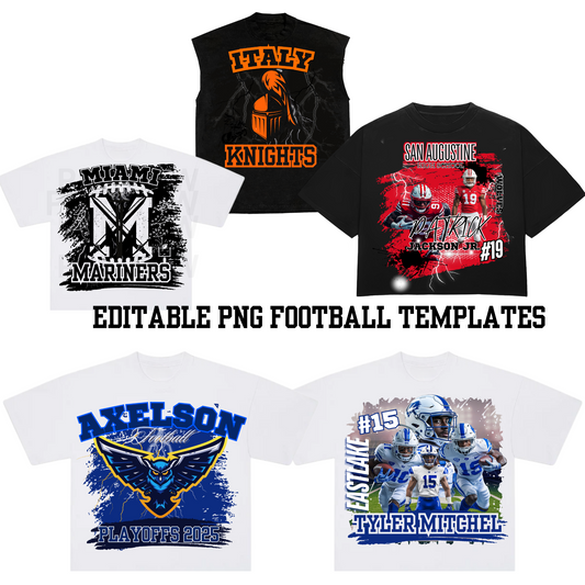 High school and college football T-shirt design pack – editable PNG templates for POD and Canva use