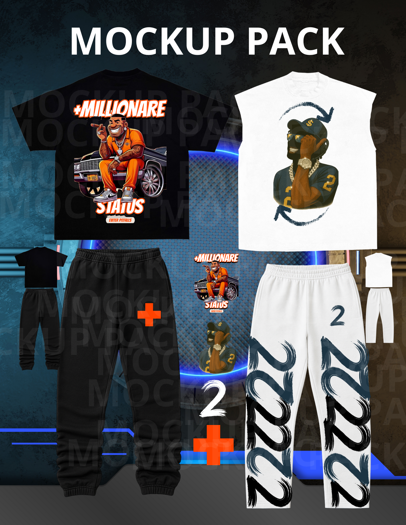 Streetwear mockup pack featuring Millionaire Status graphic T-shirt, illustrated character sleeveless tee, black joggers, and white sweatpants with bold number 2 design