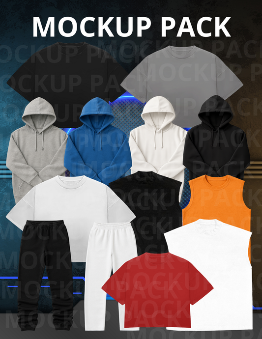Downloadable mockup pack with blank T-shirts, hoodies, joggers, and sleeveless tees in multiple colors including black, white, gray, blue, red, and orange – print-ready templates. t-shirt mockup bundle for designers, digital download with print-ready templates for apparel design and product listings