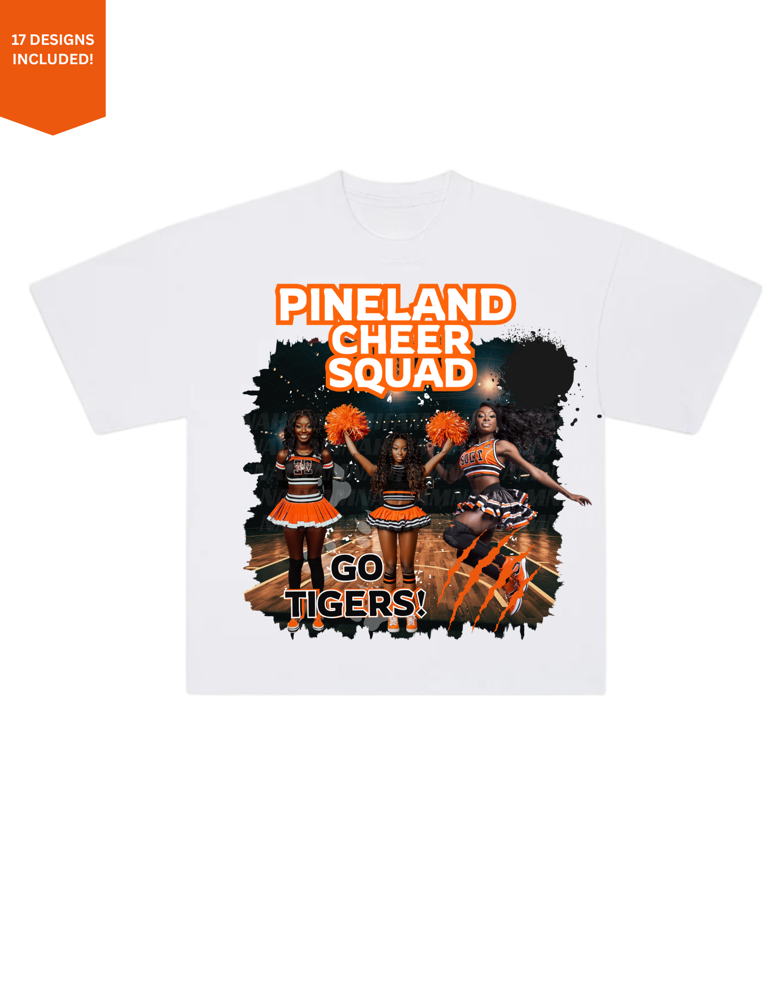 Editable cheerleading PNG design bundle with 17 spirit wear templates for custom shirts and merch