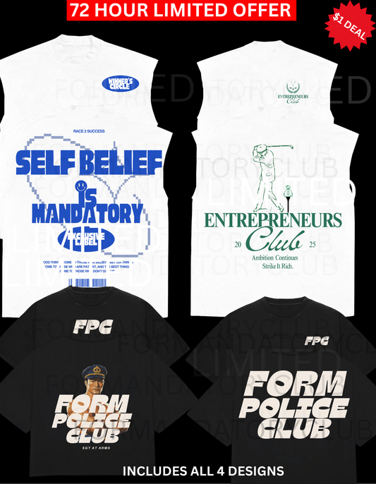 Starter pack PNG bundle preview featuring Entrepreneurs Club golfer logo, Form Police Club graphics, Winner’s Circle logo, and Self Belief Is Mandatory design for T-shirt branding