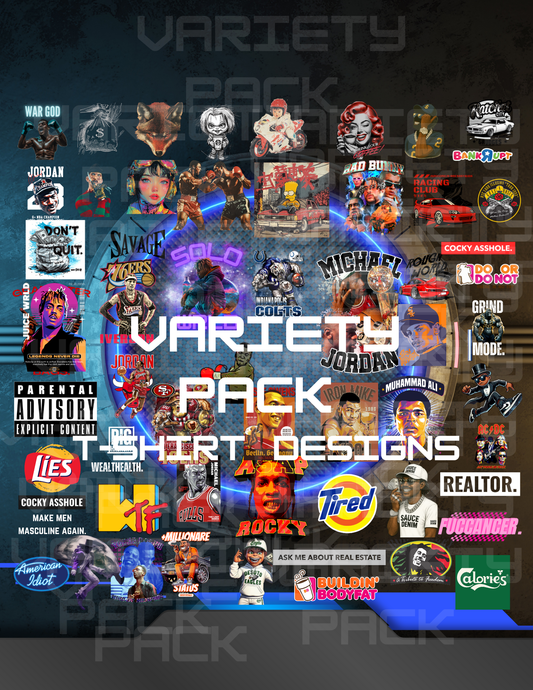 Large collage of Variety Pack T-shirt graphics featuring sports icons, hip hop art, pop culture, and motivational quotes – beginner PNG template bundle for streetwear brands t-shirt design bundle for beginners with PNG templates, ready for print on demand and custom t-shirt creation