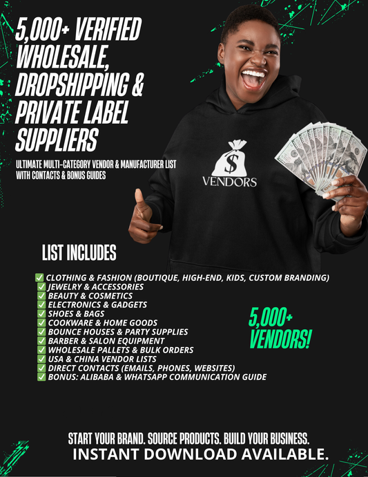 vendor list with over 5,000 verified suppliers for wholesale, drop shipping, and private label products. PERSON IN BLACK HOODIE WITH THE WORDS VENDOR ON IT HOLDING MONEY
